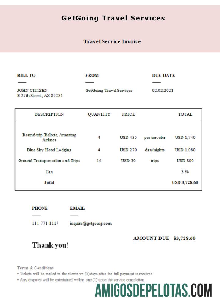 Fatura de serviços de viagem GetGoing nos EUA amostra